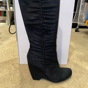 Black faux suede wedge boots